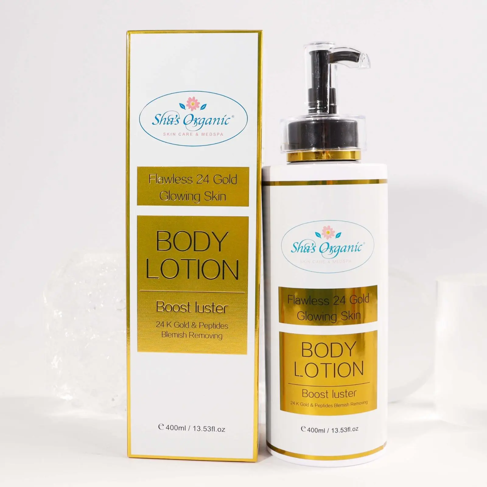 Sha's Organic Skincare 24 Gold Luster Boost Glowing Kit - Unisex Collagen Lift Kit with Flawless Brightening, Antioxidant Protection, Hydrating, Moisturizing Lotion for Radiant Skin, Skin Care Products, Skin Brightening Kit