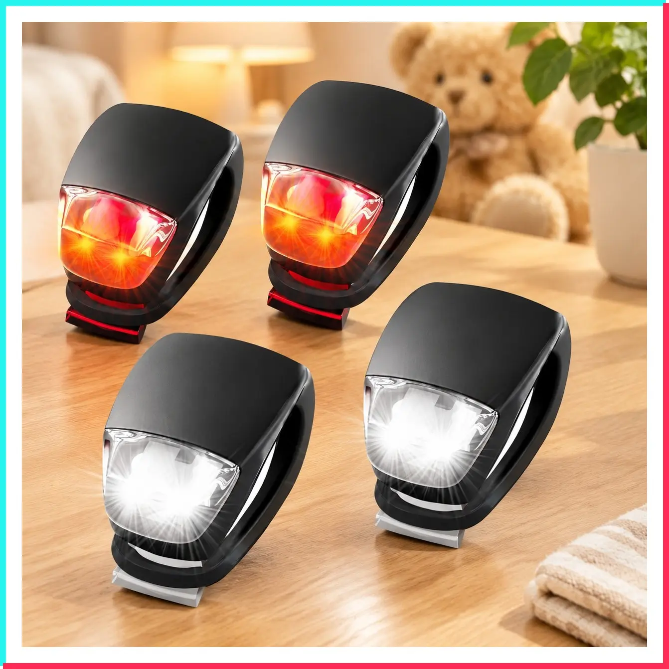 LED Stroller Lights (4-Pack) - Universal with 3 Light Modes (Constant/Pulse/Strobe), Buggy & Bike Lights Front and Back (2 White Headlights & 2 Red Taillights), Clip-On Bike Light