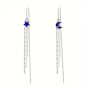 Elegant 925 Sterling Silver Moon & Star Threader Earrings - Hypoallergenic, Lightweight Chain Design for Casual Attire or Gifting, Birthday Gift, Jewelry Gifts magnetic earrings non tarnish jewelry earrings for women goth accessories