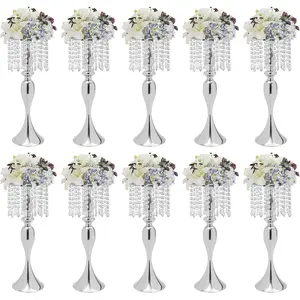 10Pcs Crystal Flower Stand Wedding Centerpieces for Tables, 21.3in Flower Holders Centerpiece Metal Flower Vase w/Crystal Beads for Wedding Party Reception Decor (Silver, 21.3in) Decoration Ornaments