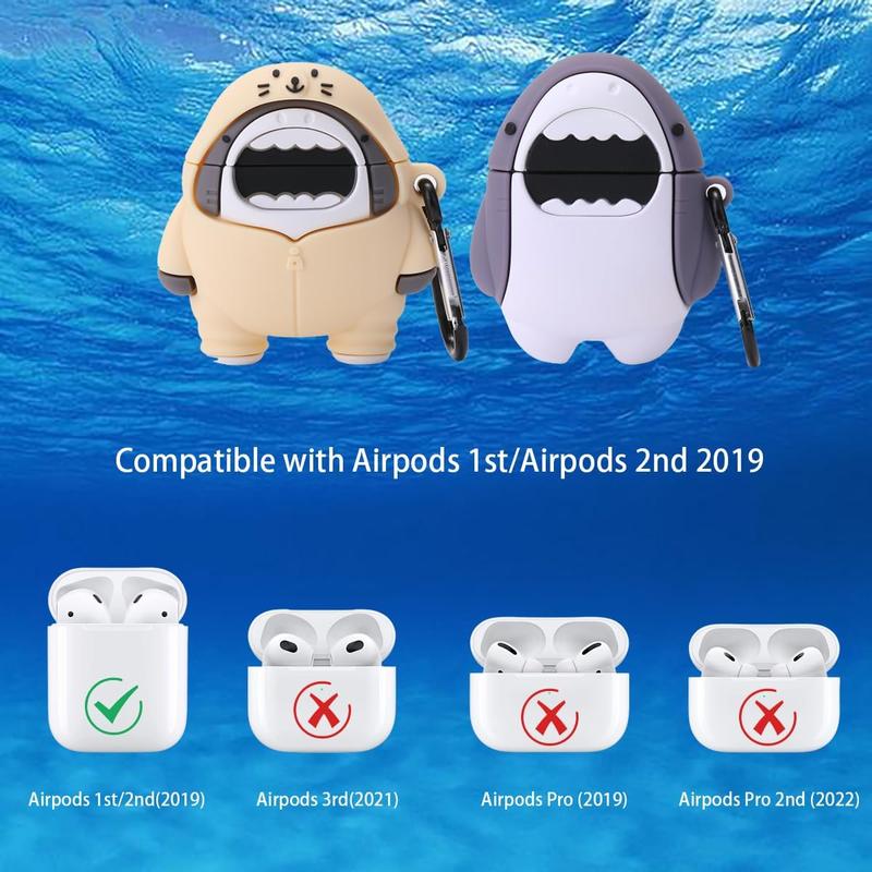 【2 Pack】 3D Cute Shark Case for Airpods 1st/2nd - High-Quality Soft Silicone Clip-on Keychain Protective Cover for Audio Headphones - Unique Purple & Beige Shark Design - Excellent Protection Against Accidental Drops