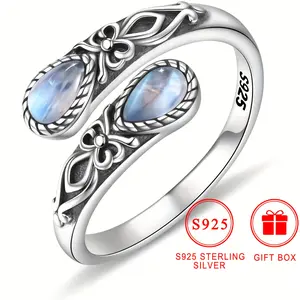 S925 Sterling Silver Moonstone Spoon Ring, Hypoallergenic Nickel-Free, Victorian Vintage Style, Adjustable Butterfly Thumb Jewelry, Bohemian Holiday Theme, Synthetic Stone, Silver Plated, Gift Box Included, Women's Fashion Accessory for Dai