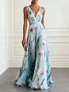 Floral Jacquard V-Neck Sleeveless A-Line Dress, Printed V-Neck Waist Cinching Flared Long Dress, Beach Vacation Party Art Exhibition Fashion Elegance