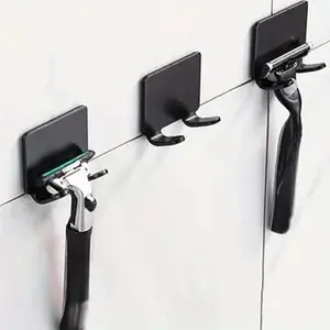 Adhesive Razor Holder & Towel Hook, 1 No Drill Wall Mounted Bathroom Organizer Set, No Drilling for Tile Mirror Door, Plastic Razor Rack Towel Hanger for Bathroom Storage