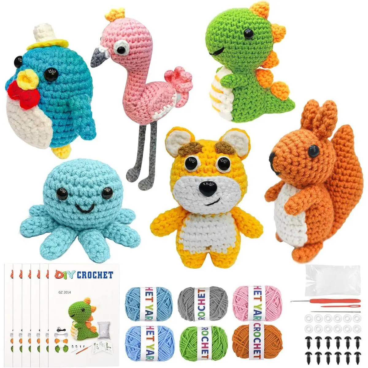 6Pcs Crochet Kit for Beginners, DIY Craft for Adults, Great Gift for Crochet Lovers, Crocheting Animal Kits with Step by Step Videos,Yarn,Crochet Hook,Birthday Holiday Gift
