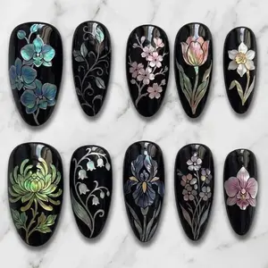 Handcrafted Shell Inlay Press on Nails | Luxury Floral Nail Art | Iridescent Mother of Pearl Abalone Shells Black Almond Fake Nails