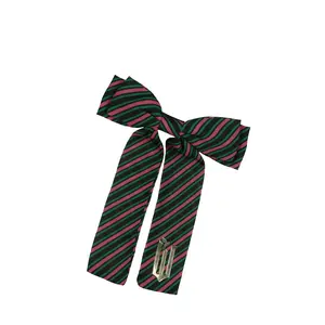 Wicked Hair Bow Pink and Green Stripes with Pinch Barrette