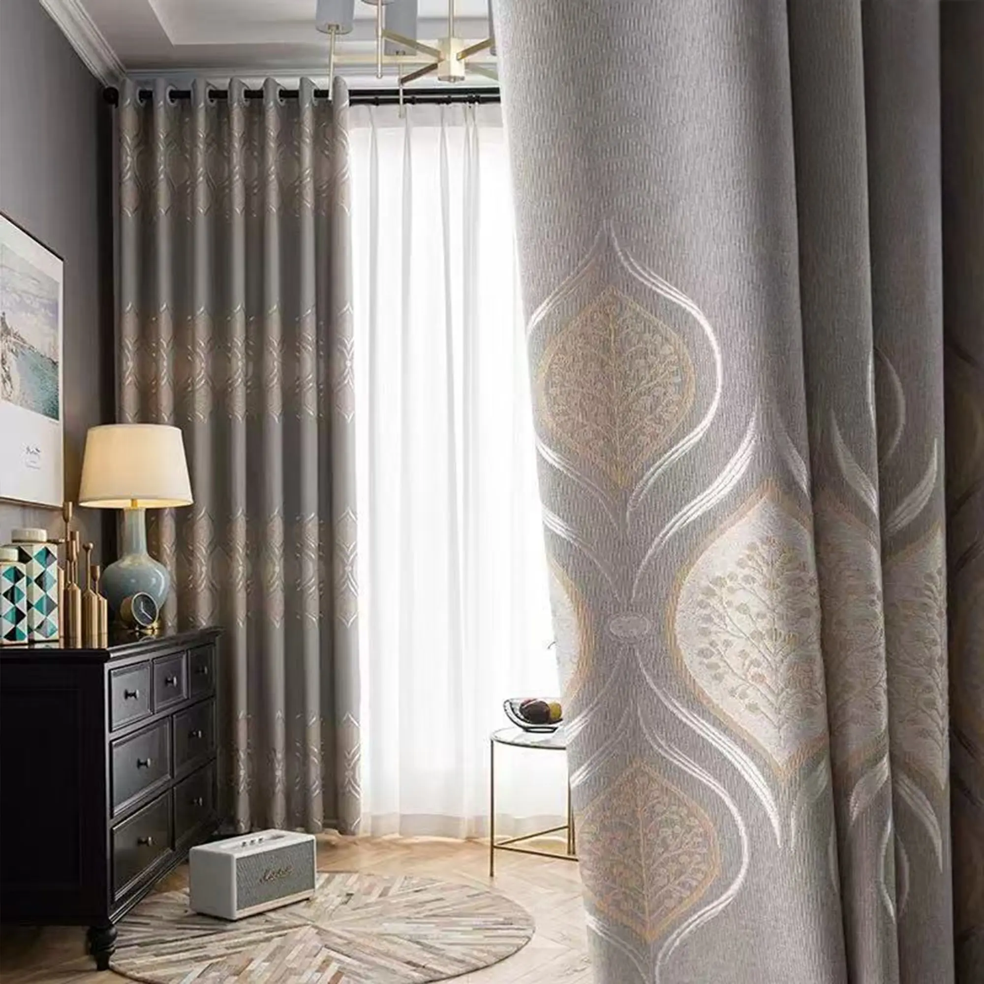 1pc Eyelet Style, Gravity Curtains, Window Curtain, Jacquard, Thick Blackout Eyelet Curtain, Heavy Weight, Soft Velvet Touch, Light Blocking, Drape, Suitable for Living Room/Bedroom, Vintage Pattern, Multiple Colors Available