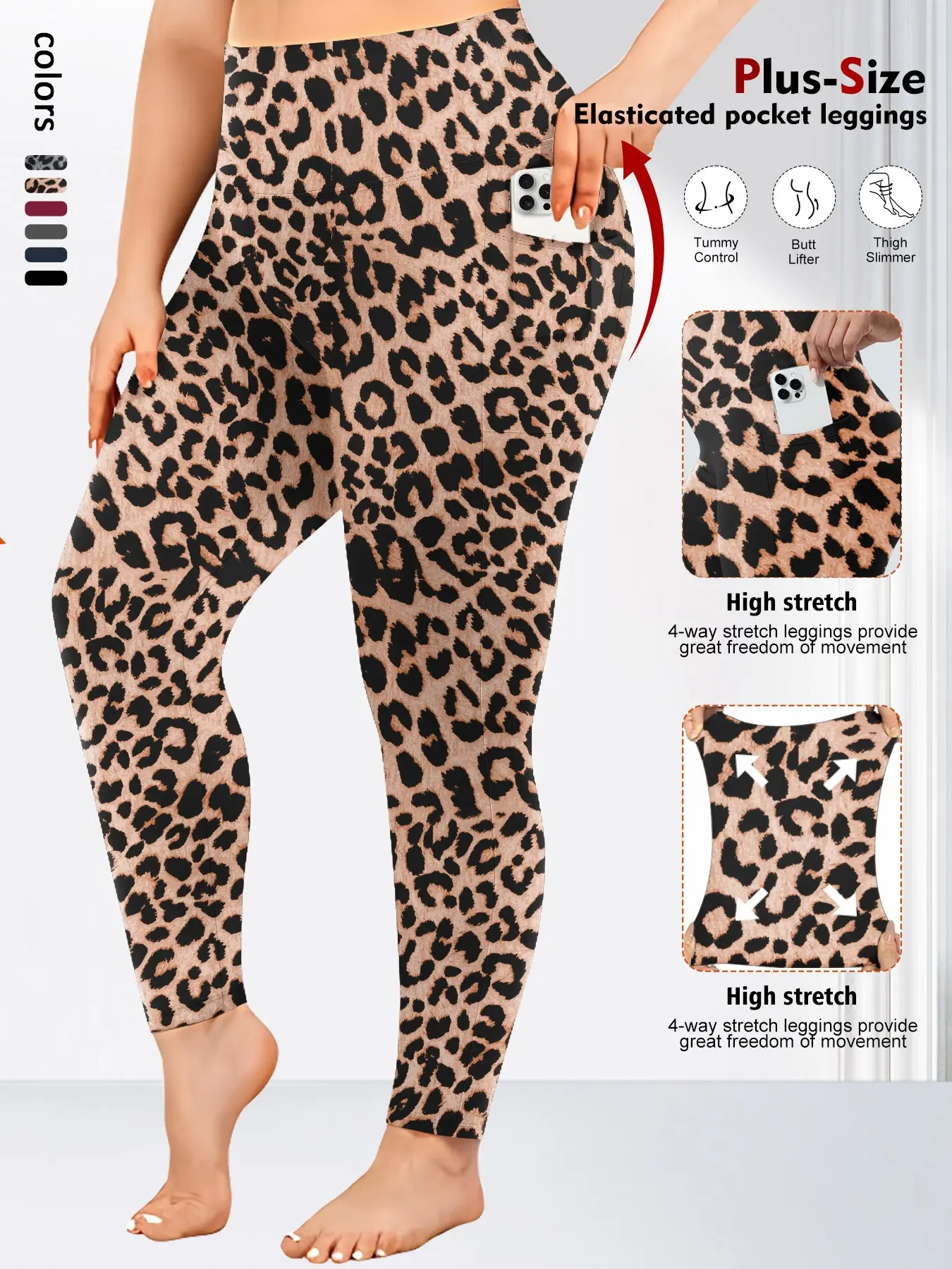 Women's Plus Size High Waist Tight-Fitting Pants, Leopard Print Leggings, High Waisted Leggings, Non-Transparent, High Elasticity, Yoga, Sports, Casual Fashion for All Seasons, Fitness Pants