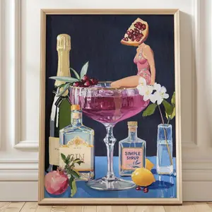 Pomegranate Cocktail Retro Bar Poster - Vintage French 75 Martini Wall Art for Home Kitchen Decor Art No Frame