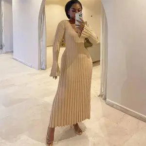 Aura13 Elegant Knitted Pleated Dress V-Neck Long Sleeve Casual Cotton Dress for Women Soft Breathable Fabric Flattering Silhouette Trendy Flared Sleeves