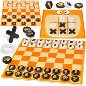Chess and Checkers Board Game, 3-in-1 Tic Tac Toe Vintage Table Game with Mat, Lawn Party Favor Activity Indoor Outdoor Travel Toy for Family Play