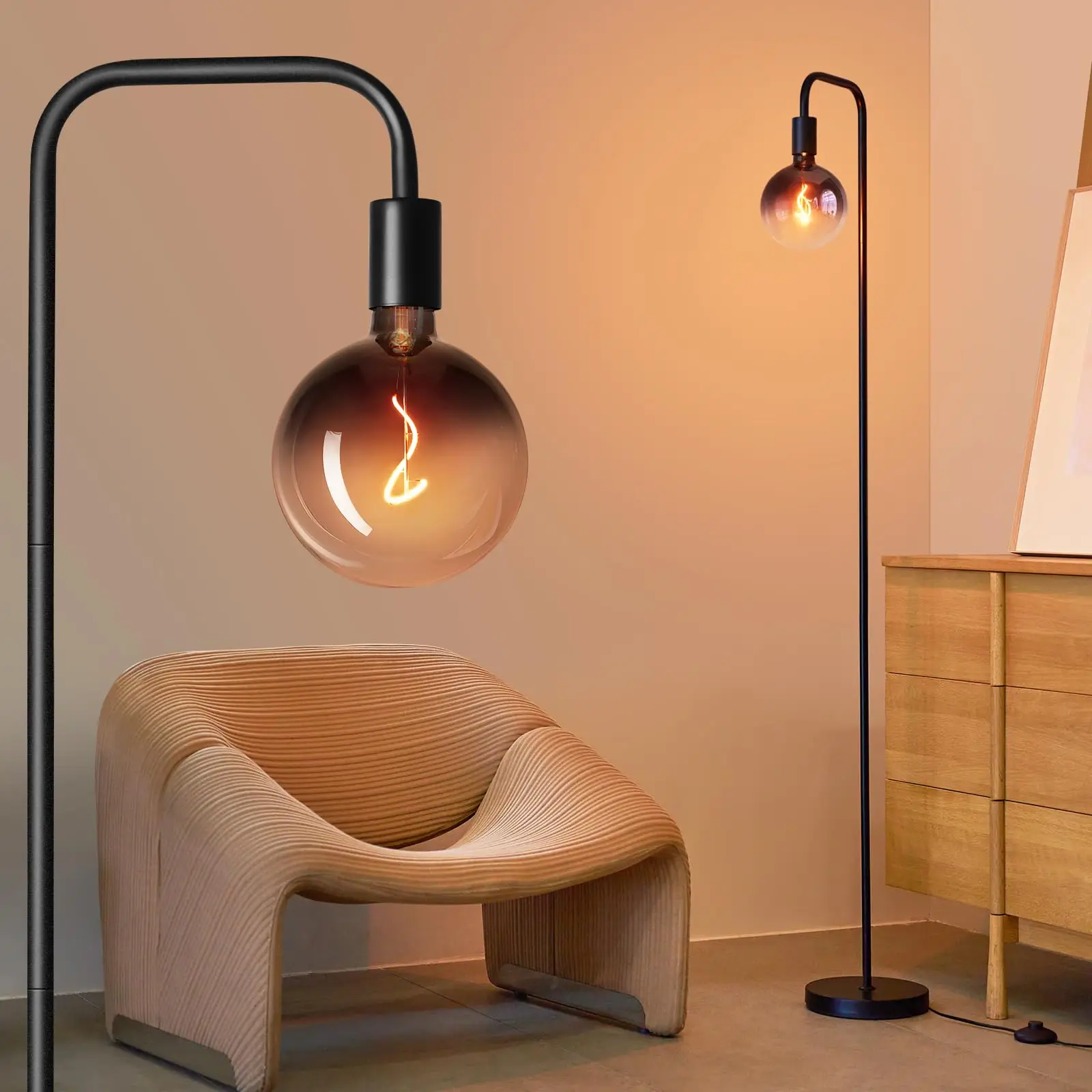 Onewish Floor Lamp for Living Room - Minimalist Industria, With Modern LED Bulb, Globe Black Clear Glass 6", 1800K Warm Ambiant Lighting Decorative