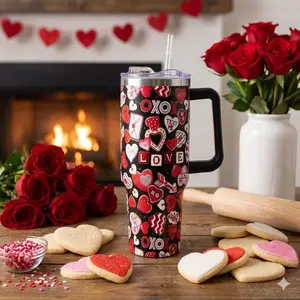 Valentine’s Heart Design 40oz Insulated Stainless Steel Tumbler with Handle & Straw Lid, Romantic Gift for Her, Girlfriend & Wife