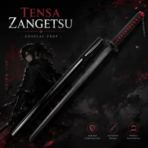 Anime Katana Replica, Bleach Ichigo Zangetsu Prop Sword, Solid Black Blade & Scabbard, Red Black Wrapped Handle, Cosplay Shooting & Fan Collection Ornament, New Upgrade