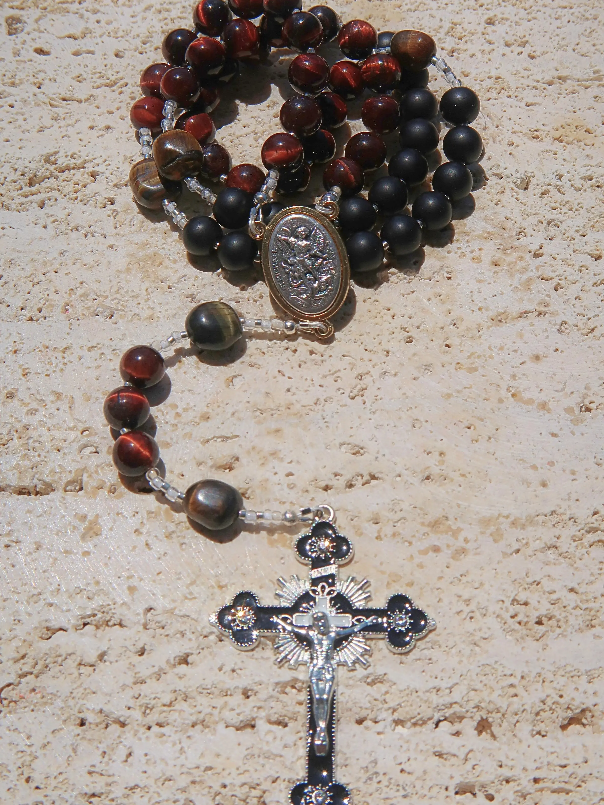 Handmade St. Michael Rosary with Red Tiger Eye & Black Onyx Beads, Catholic Prayer Beads, Archangel Protection Rosary, Confirmation Gift