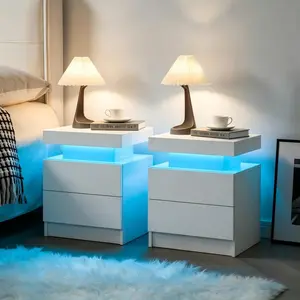 Set of 2 LED Nightstands with Drawers, Adjustable Color and Brightness Bedside Tables, Modern End Tables for Bedroom Living Room, White