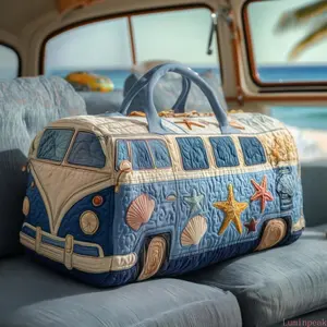 Retro Hippie Van Printed Quilted Duffle Bag, Boho Style Weekender Travel Bag With Adjustable Shoulder Strap, Spacious Practical Storage Handbag For Daily Commute Outdoor Activities And Short Distance Trips