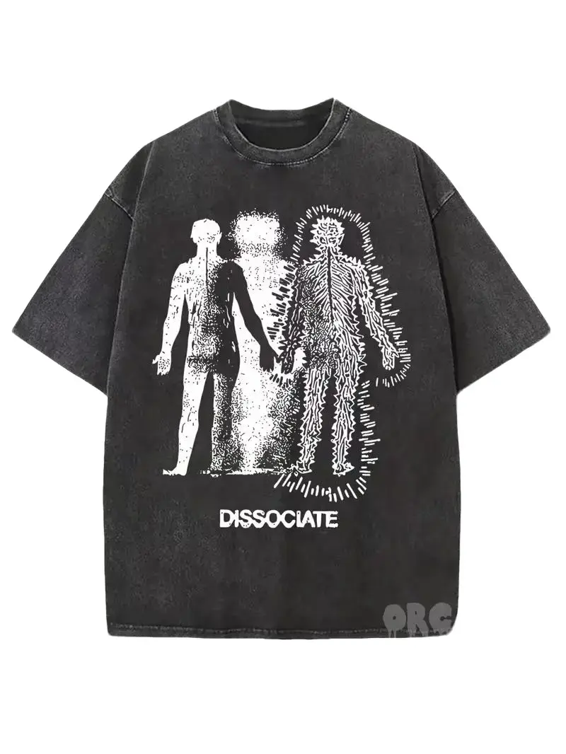 Men's Washed Pure Cotton T-Shirt with "DISSOCIATE" Dissociative Portrait Design - Loose Fit Vintage Distressed Style, Dark Edgy Casual Wear for all-Season Round Neck Tee, Holiday Gift for men