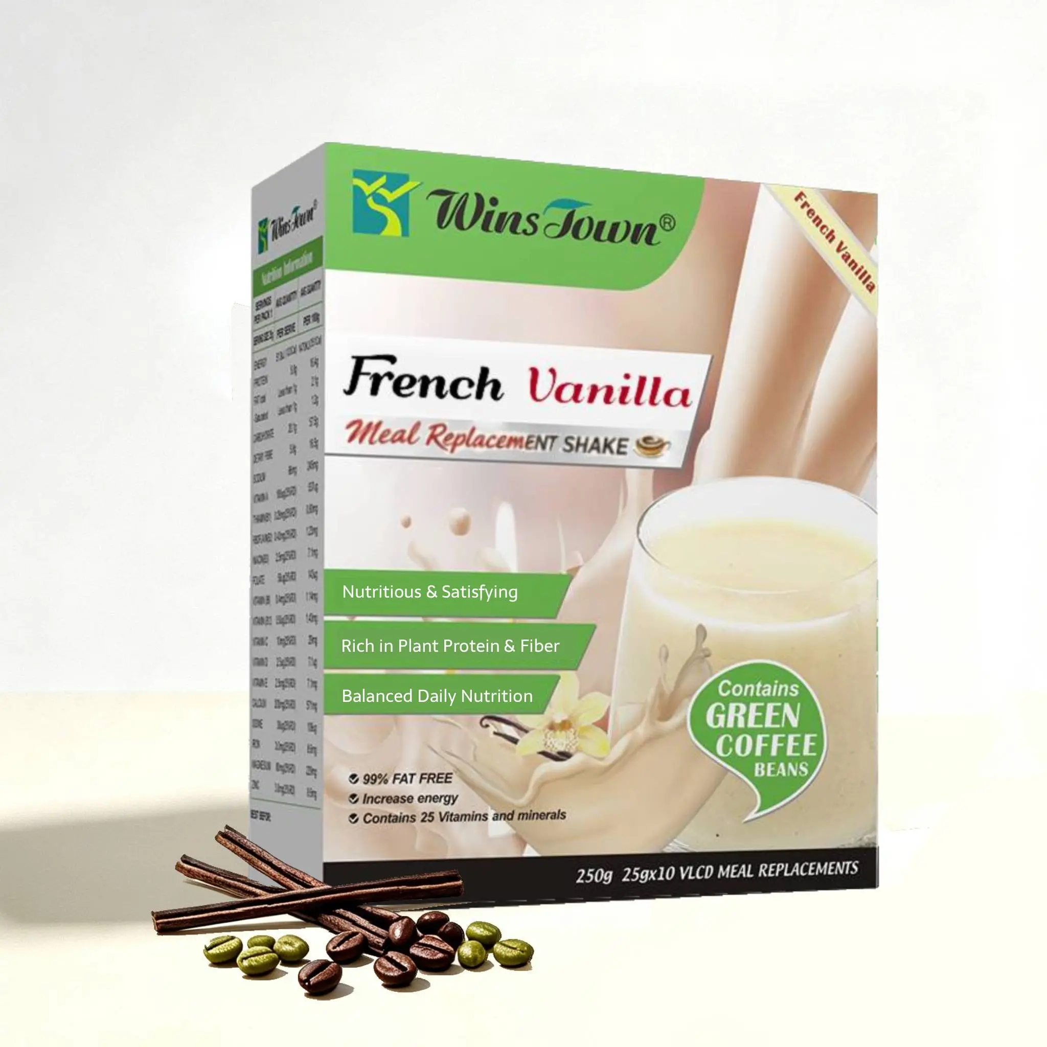 WinsTown Creamy Vanilla Diet Shake, Hot & Cold Brew Flavored Beverage Powder, Instant Sachets For Home Relax & Office Break Time, 250g, 10 Servings