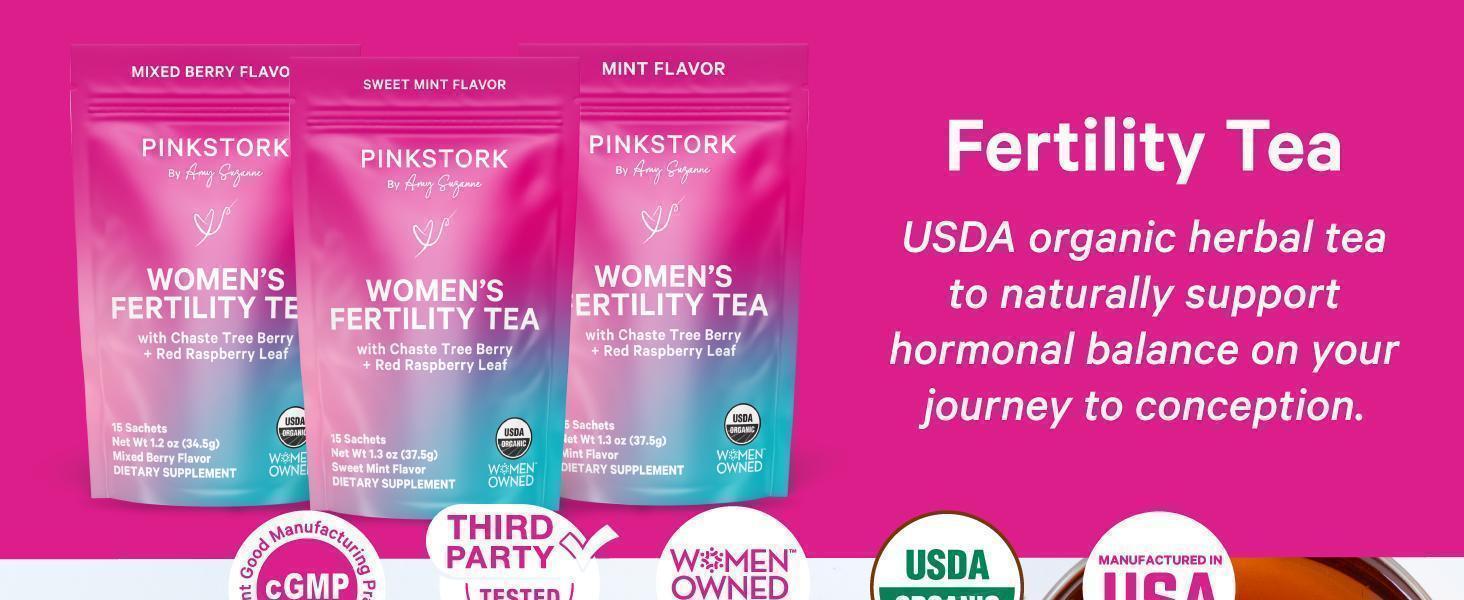HOT 2026 !! Pink Stork Fertility Tea for Conception and Hormone Balance with Organic Mint, Vitex, and Red Raspberry Leaf, Caffeine Free - Mint, 15 Sachets, Hot or Iced