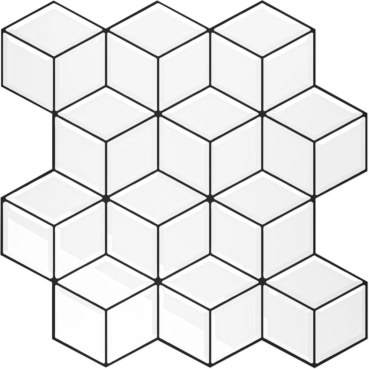 White 3D Cube Hexagon Vinyl Peel and Stick Backsplash Tiles, 6 Tiles (12x12in) Indoor Oilproof Self-Adhesive Vanity Wall Stickers for Kitchen Bathroom, Easy Install