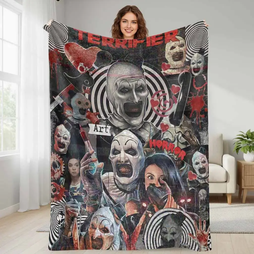 Terrifier Figure Print Flannel Warm Bed Blanket Horror Character Graphic Design Breathable Wrinkle-Resistant Durable Throw Blanket for Halloween Movie Nights Couch Sofa Bedroom Collector Gift