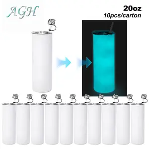 AGH 10pcs 20 oz Sublimation GLOW TO BLUE Straight Tumbler Stainless Steel Water Bottles with UV Stickers and Silicone Topper for Halloween UVDTF