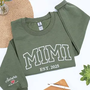 Custom Gift for Mimi with Embroidered Varsity Text on Chest Sweatshirt, Mother’s Day Gift for Grandma