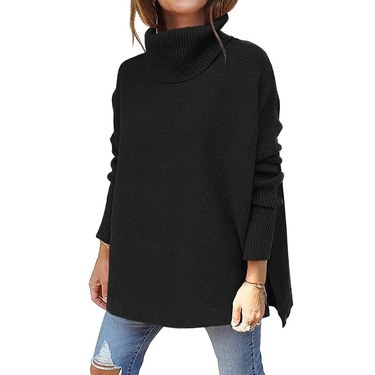 Women's Turtleneck Oversized Sweaters Long Batwing Sleeve Spilt Hem Tunic Pullover Knit Tops