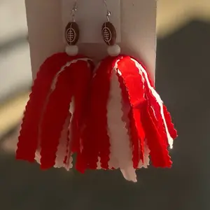 Fringe Fabric Earrings with Red and White Tassels and Silver Tone Hoops for Stylish Accessory