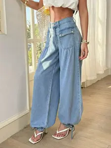 Women's Denim Bottoms - Washed Drawstring Waist Cotton Fabric Casual Jeans for Vacation, Elegant Style