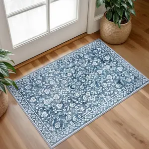 Vintage Entryway Rug , Blue and White Washable Accent Rug, Non-Slip Small Area Carpet, Floral Print Door Mat for Indoor Entrance, Front Door, Kitchen, Bedside