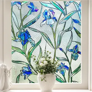Stained Glass Window  Film,  Decorative Window Cling, UV & Heat Blocking Floral Windows Cover, Static Cling No Adhesive  Design for , Blue, 23.6" x 78.7"