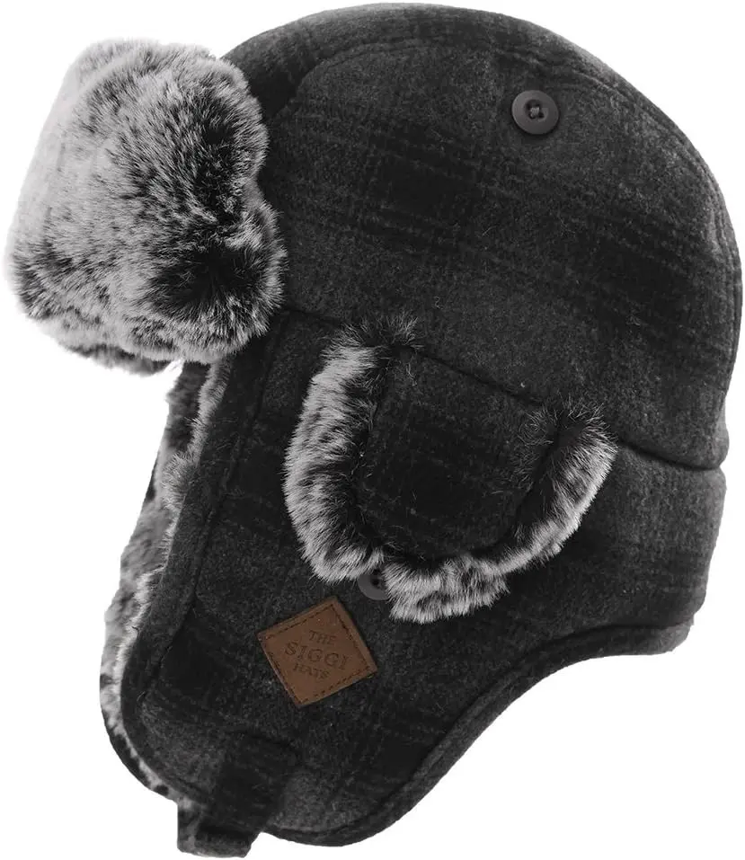 Stylish Plaid Winter Wool Trapper Faux Fur Earflap Hunting Hat Ushanka Russian Cold Weather Thick Lined 55-61CM(Gift)