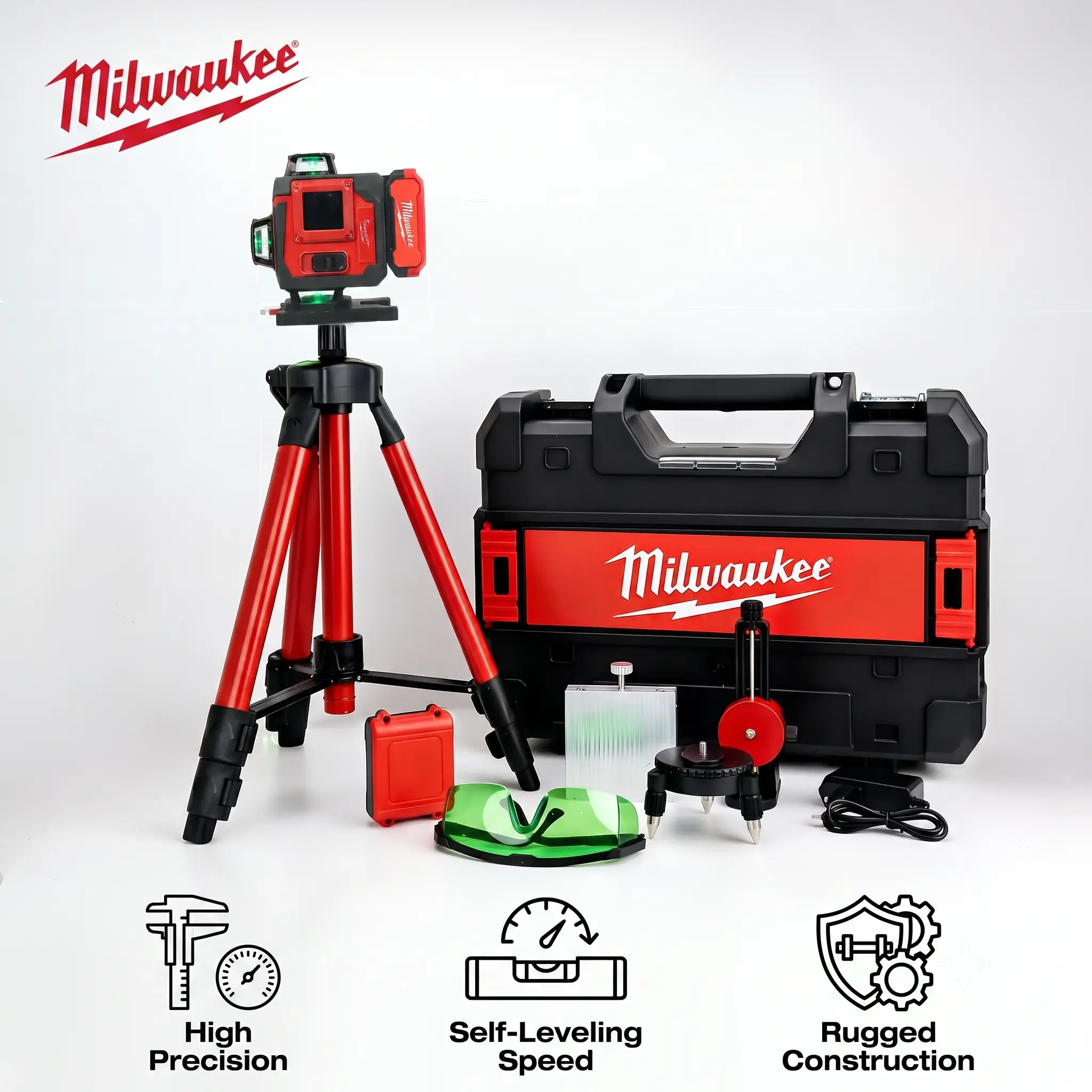 Milwaukee 4D16-Line Laser Level kit With Dual Horizontal And Vertical 360° Laser,Gravity Pendulum Balancing System,Manual Slope Lock,Precise Measuring,Complete Mounting,Control Accessories For Tile Paving,Ceiling Installation,On-site Building Layout Works