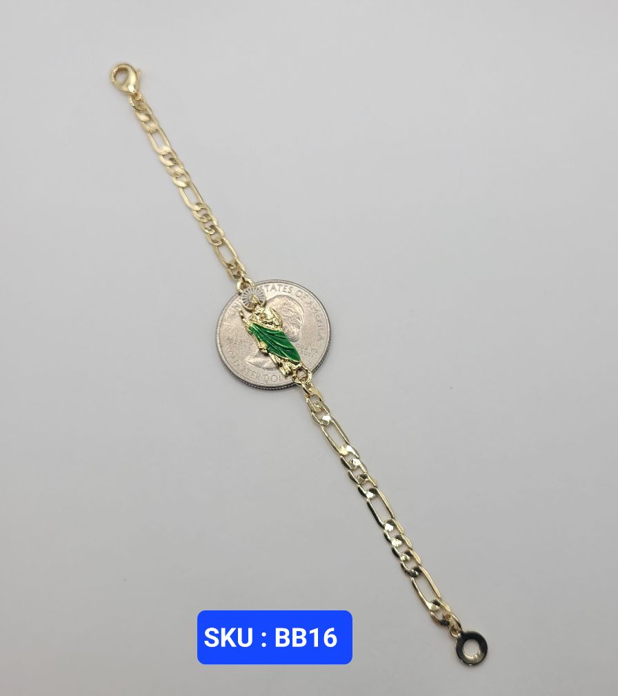 San Jude Bracelet Laminated-Gold Green & Gold Color 6 Inches Adjustable Size for Small Kids Babies Comfortable Everyday Wear Versatile Design SKU BB16