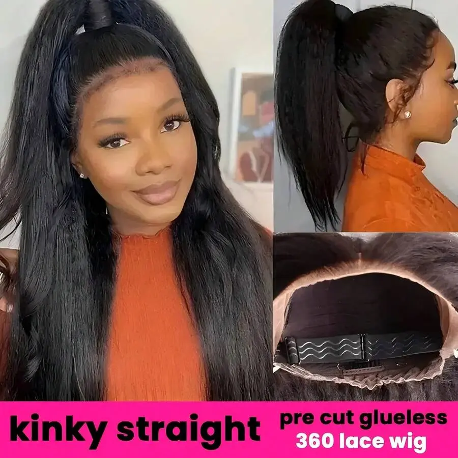 [360 Glueless Wig] MYLOCKME 180 Density Easy To Wear Kinky Straight 360 Glueless Wigs Human Hair 32 34 Inch Brazilian Yaki Straight 13x6 HD Lace Frontal Wig For Women Preplucked