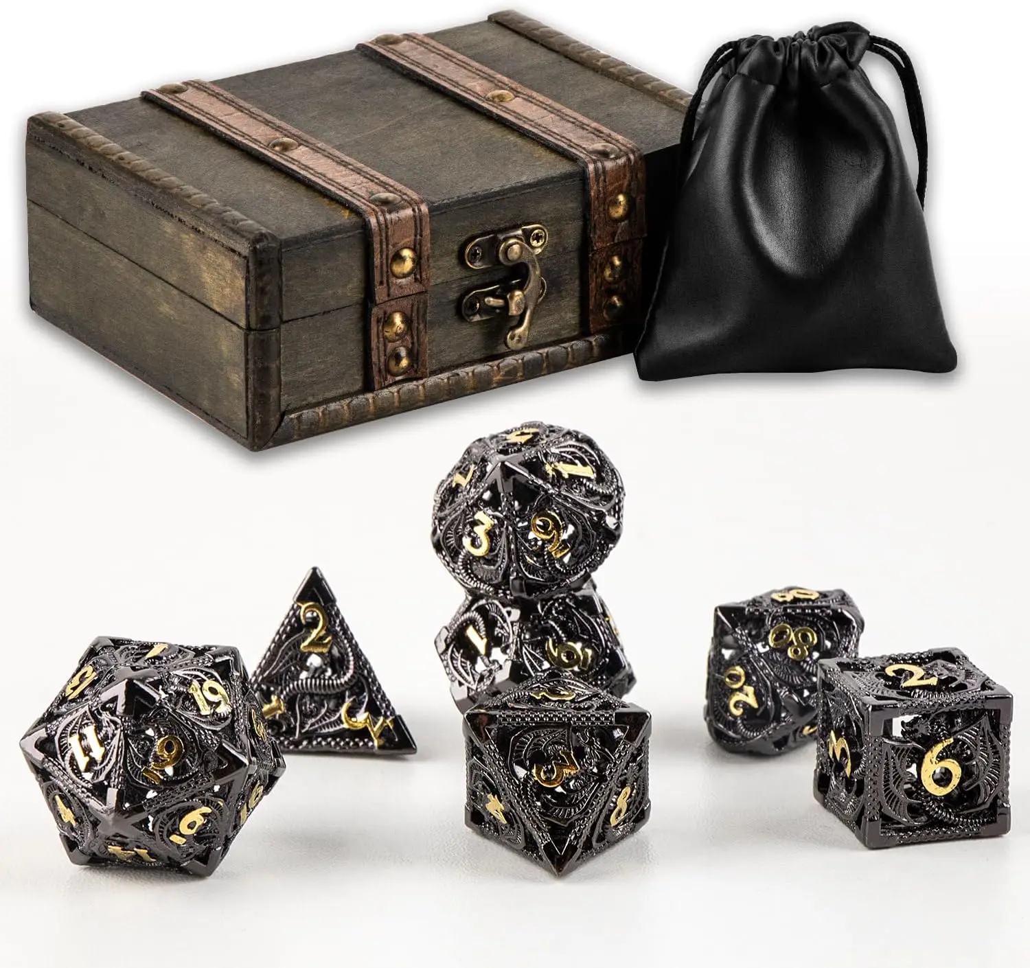 DND Dice Set 7 Pieces D&D Pure Copper Hollow Polyhedral | DND Dice W/ Gift Box & Dice Bag for DND RPG Explorers Savage World and Table DND Dungeons and Dragons Role Playing