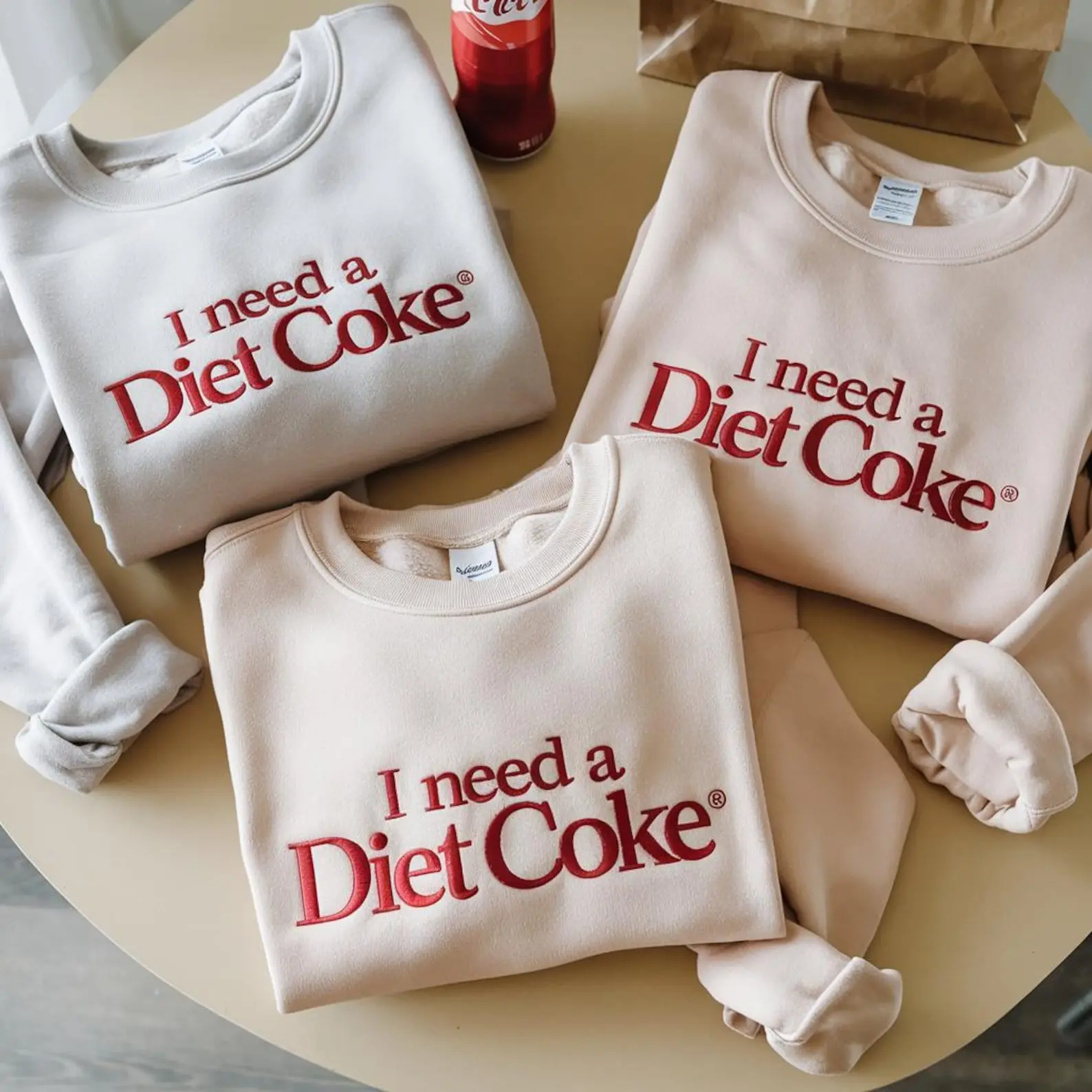 I Need a Diet Coke Embroidered Sweatshirt, Funny Soda Lover Embroidered Crewneck, Retro Graphic Pullover, Cozy Everyday Sweatshirt, Gift for Diet Soda Fans, Women's Unisex Sweater