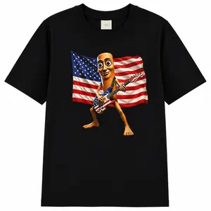 Tung Tung Tung Sahur USA Flag Rock Electric Guitar America July Fourth 4th Of July T-Shirt Funny Graphic Tee Retro Casual Short-sleeved T-shirt with a Round Neck and Printed Pattern Suitable for Daily Commuting and Outdoor A
