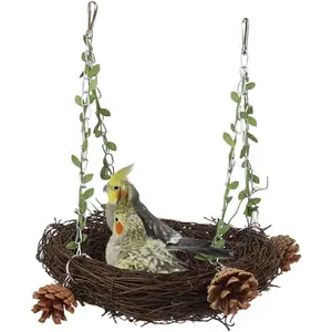 Natural Rattan Nest Small Medium Large Bird Swing for Parrot Parakeet Cockatiel Conure Cockatoo Macaw African Grey Lovebird Finch Canary Budgie Cage Perch Toy (Small)