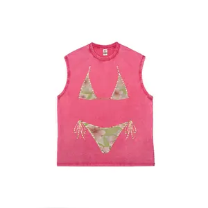 Gentle and Fresh Pink-green ribbon Tropical Flower Bikini Unisex Plus Size Summer Graphic Tees Personalized Pattern Y2k Clothing Round Neck Short-Sleeved Washed Vests,Women's Clothing 100% Cotton, Menswear, Top, Vintage Style, Casual Oversized