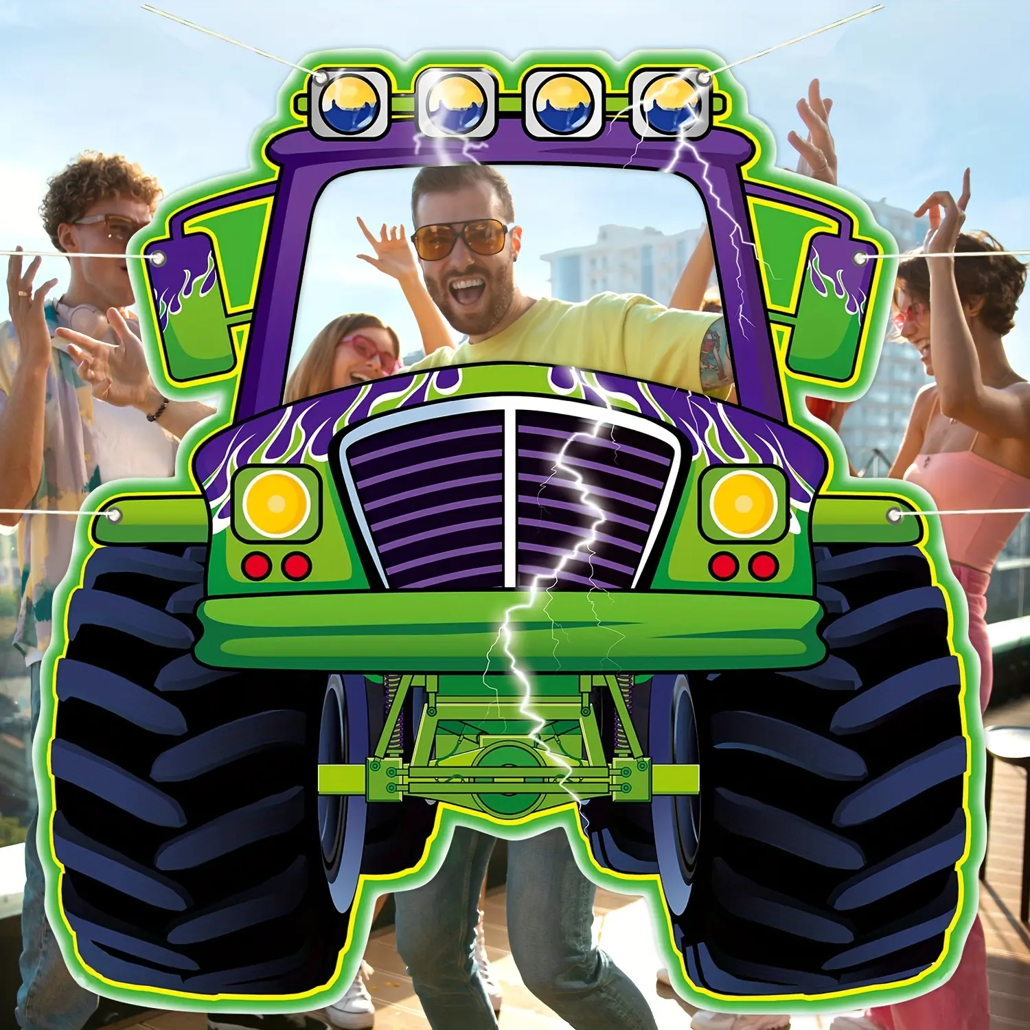 Monster Truck Photo Booth Prop Backdrop, & Theme Party Decor, Party Decoration Supplies, Polyester Material, Party Decorations Banners, Perfect for Boys' Baby Shower & Birthday Parties