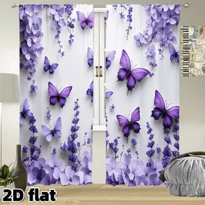 2D Flat 2Pcs Purple Butterfly Floral Printed Window Curtains Romantic Lavender Garden Design Rod Pocket Semi Sunshade Polyester Living Room Bedroom Kitchen Balcony Home Decor Treatment Home Decoration Curtain