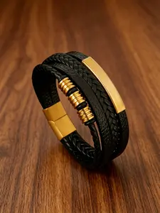 Trendy Alloy Bangle for Men, Boho Style Artificial Leather Bracelet, Punk Magnetic Clasp, Silver Color Accessory