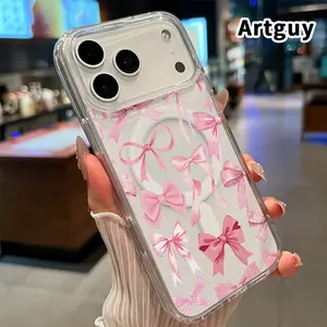 Pink Bow Symphony Pattern Magnetic Phone Case for iPhone 17 16  Pro Max Plus 15 14 13 12 11 Air E Anti-Yellowing Shockproof Lightweight Transparent Acrylic Large Hole Soft Cover Supports Wireless Charging
