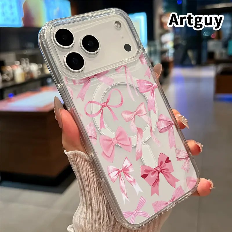 Pink Bow Symphony Pattern Magnetic Phone Case for iPhone 17 16  Pro Max Plus 15 14 13 12 11 Air E Anti-Yellowing Shockproof Lightweight Transparent Acrylic Large Hole Soft Cover Supports Wireless Charging