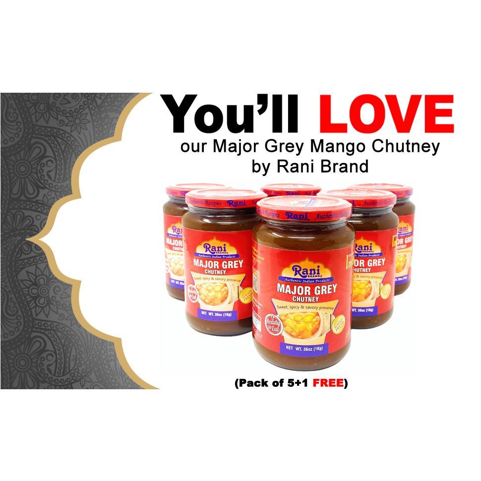 Rani Major Grey Mango Chutney (Indian Preserve) 36oz (2.2lbs) 1kg Value Pack, Glass Jar, Ready to eat, Vegan, Pack of 5+1 FREE ~ Gluten Free (Copy)