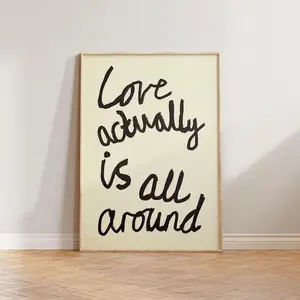 Mid Century Print Wall Art, Love Actually Is All Around Print, Vintage Style Print, Handwriting Retro Wall Art, Neutral